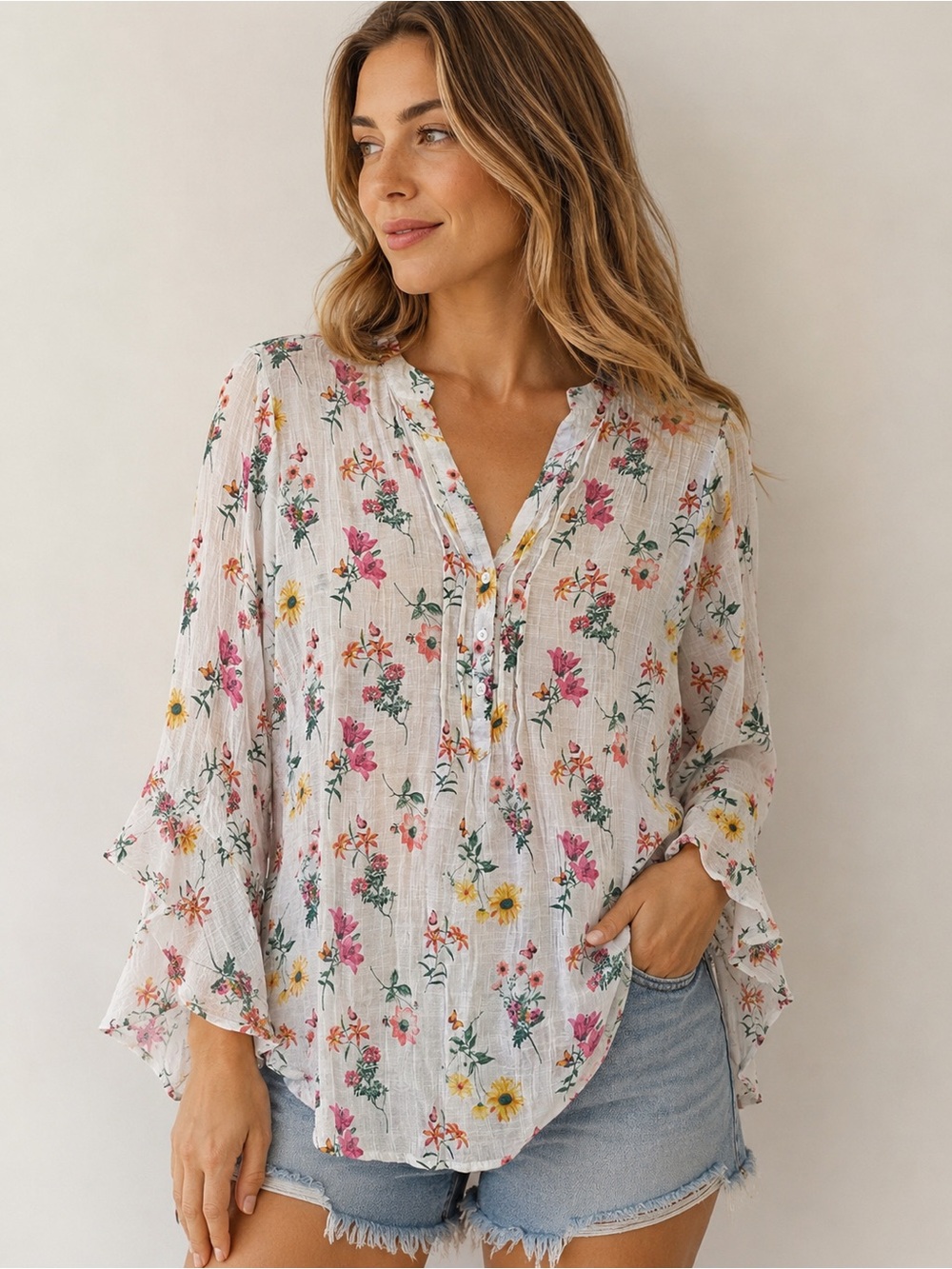 Like New! White Floral Button-Front Blouse- Size Large
